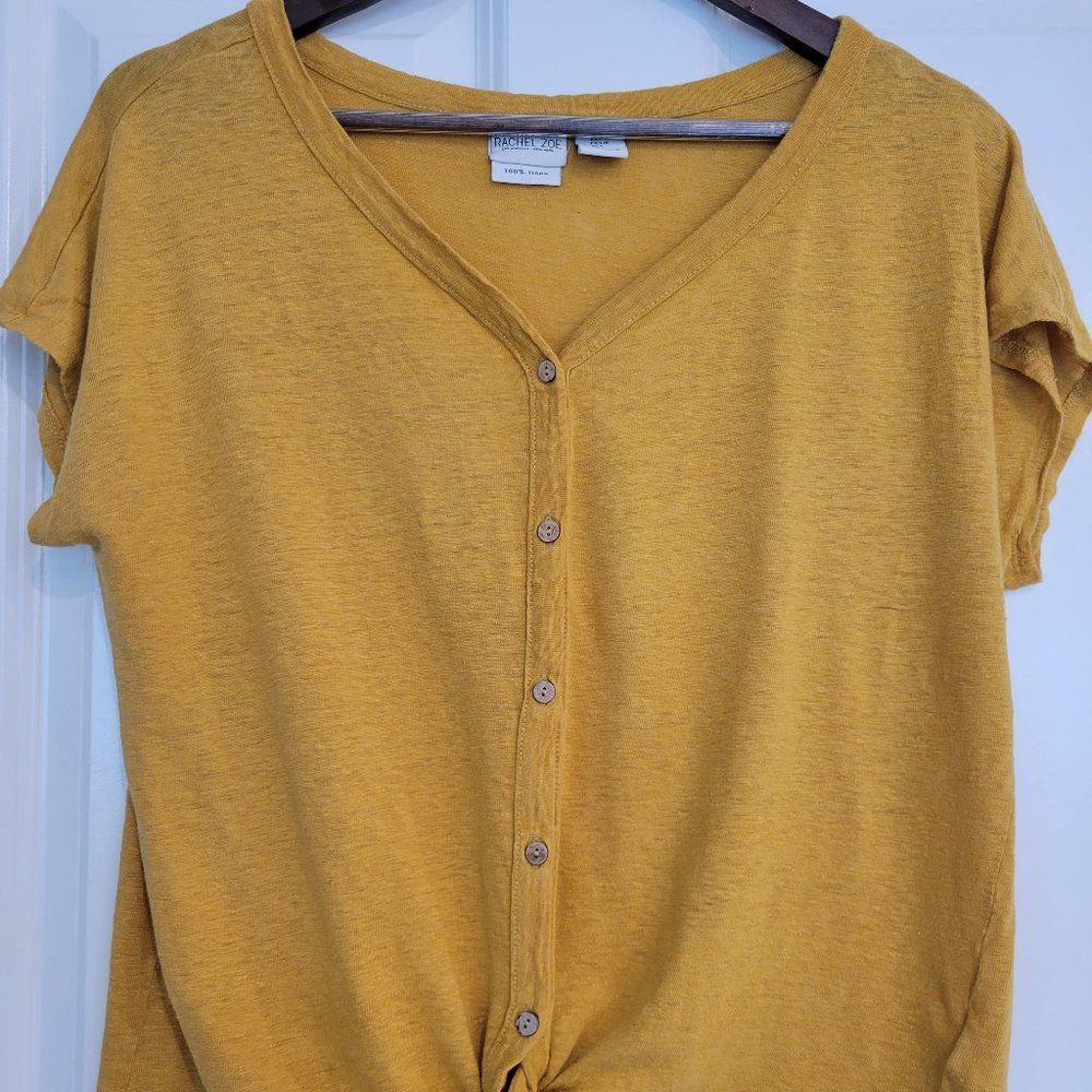 Rachel Zoe Button Up Tie Front 100% Linen Gold Yellow Top size L